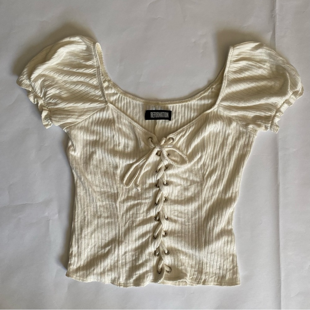 White knit Reformation lace up top